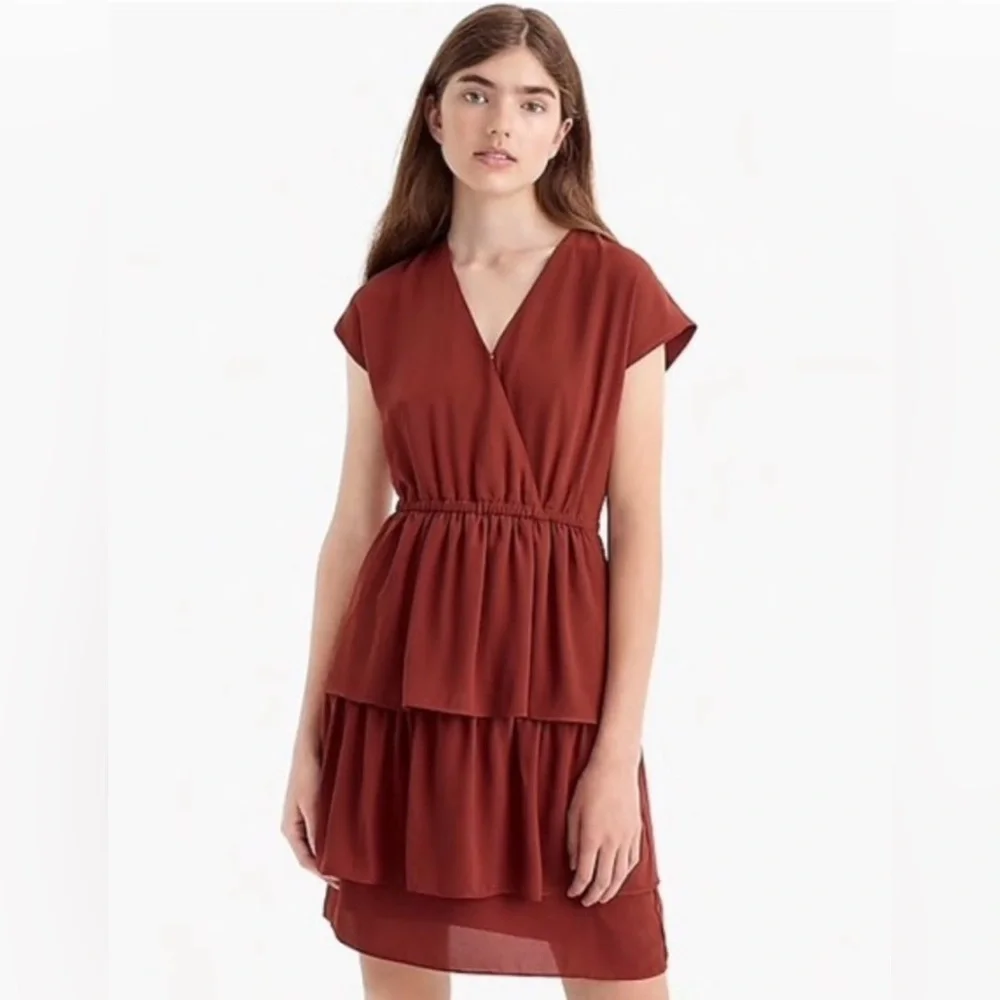 J.Crew Point Sur Popover Ruffle Dress in Burnt Umber/Sienna Brown Size 12 NWT